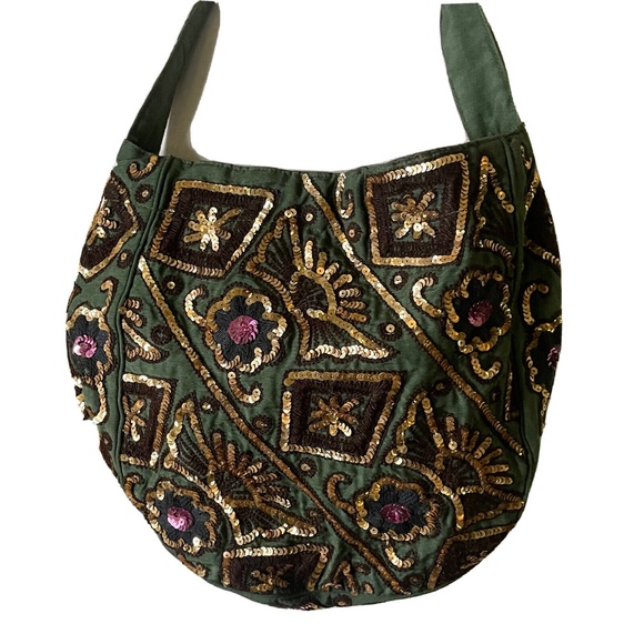 NWOT Phyllis Leibowitz Sequin Boho Small Drawstring Bag Green Gold $349 a26 - Picture 1 of 7